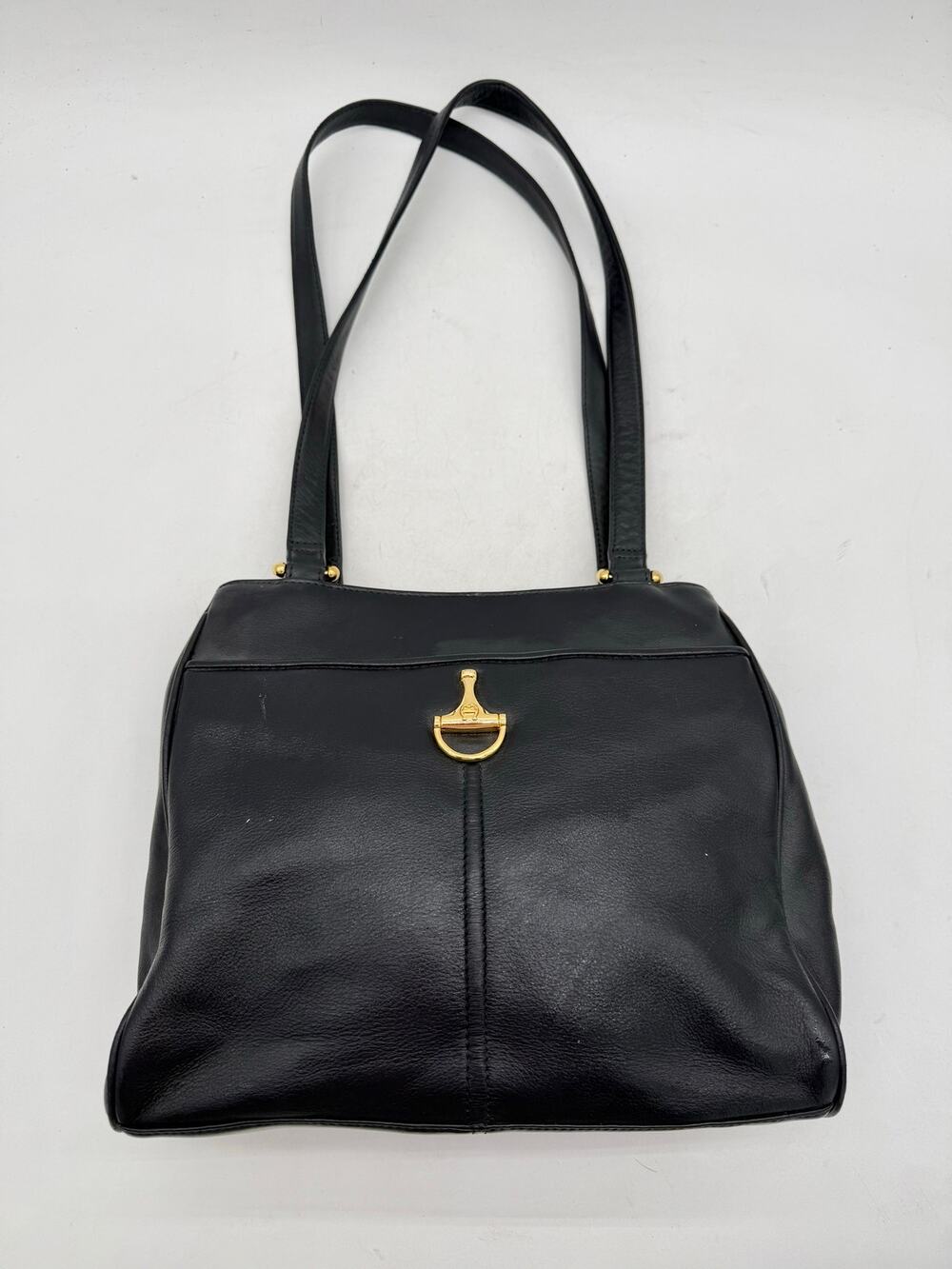 Vintage Etienne Aigner Black Leather Shoulder Bag Gold Stirrup Purse Y2K